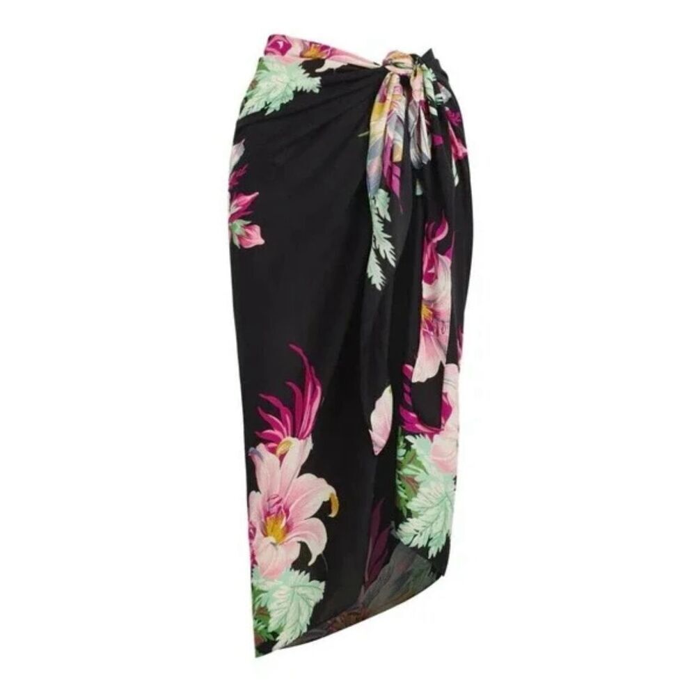 $150 Walter Baker O/S Paradise Sarong Dress Beach Cover Up Black Pink Floral NWT
